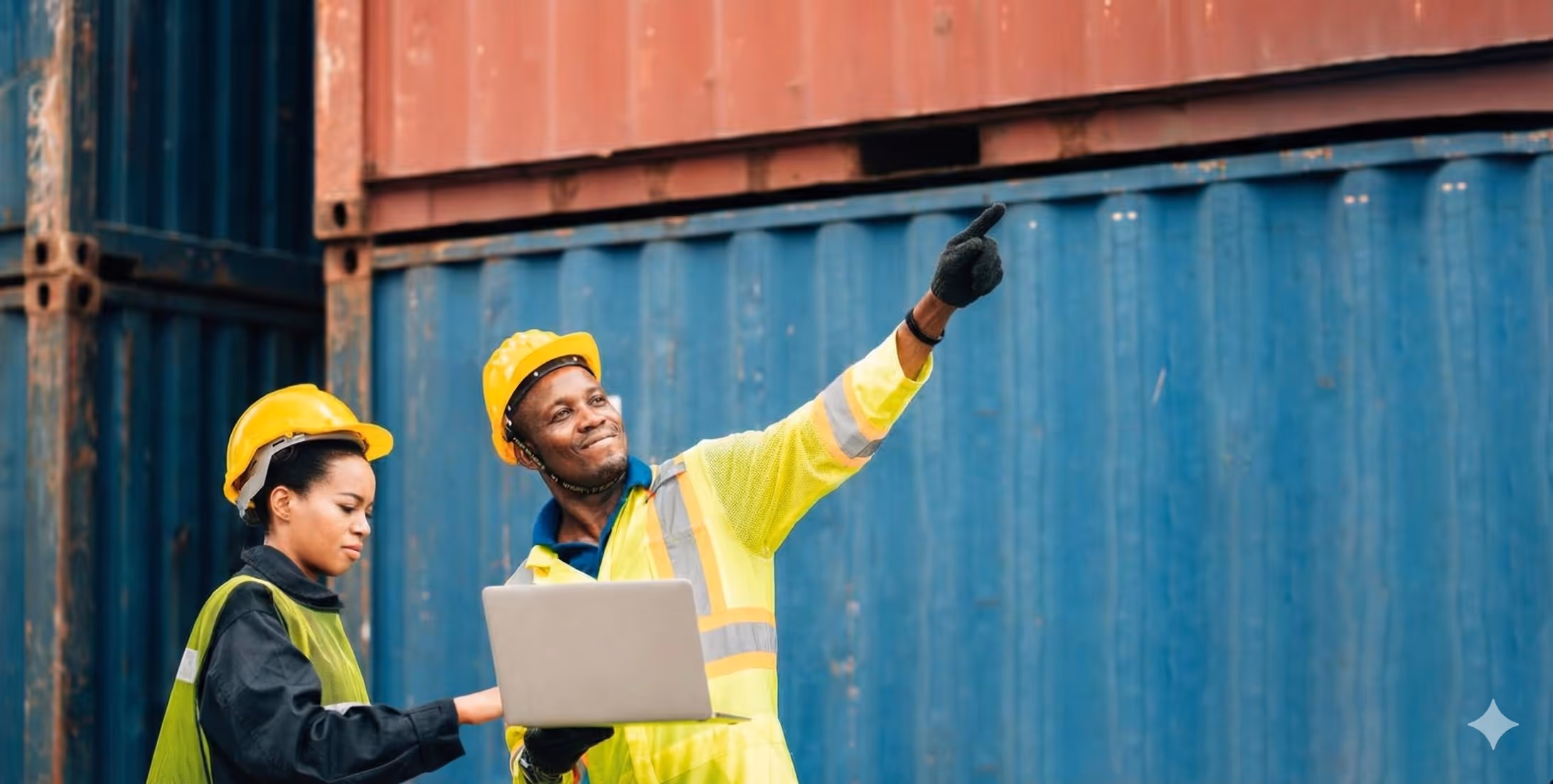 Two workers in safety helmets and reflective vests checking a laptop near stacked shipping containers, one pointing forward.